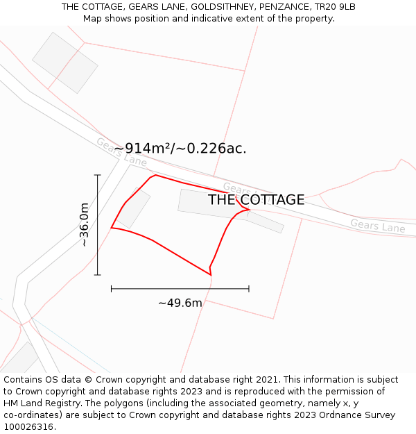 THE COTTAGE, GEARS LANE, GOLDSITHNEY, PENZANCE, TR20 9LB: Plot and title map