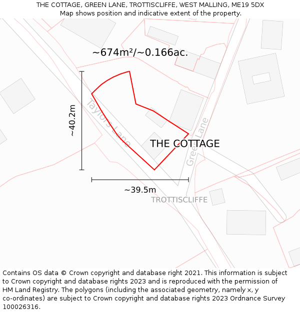 THE COTTAGE, GREEN LANE, TROTTISCLIFFE, WEST MALLING, ME19 5DX: Plot and title map