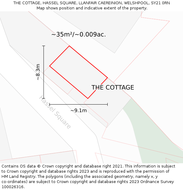 THE COTTAGE, HASSEL SQUARE, LLANFAIR CAEREINION, WELSHPOOL, SY21 0RN: Plot and title map