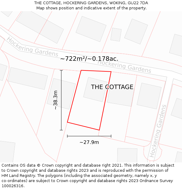 THE COTTAGE, HOCKERING GARDENS, WOKING, GU22 7DA: Plot and title map