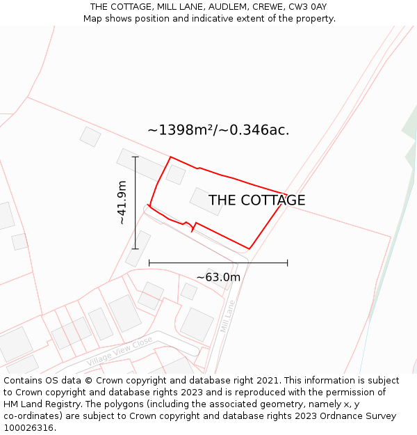 THE COTTAGE, MILL LANE, AUDLEM, CREWE, CW3 0AY: Plot and title map