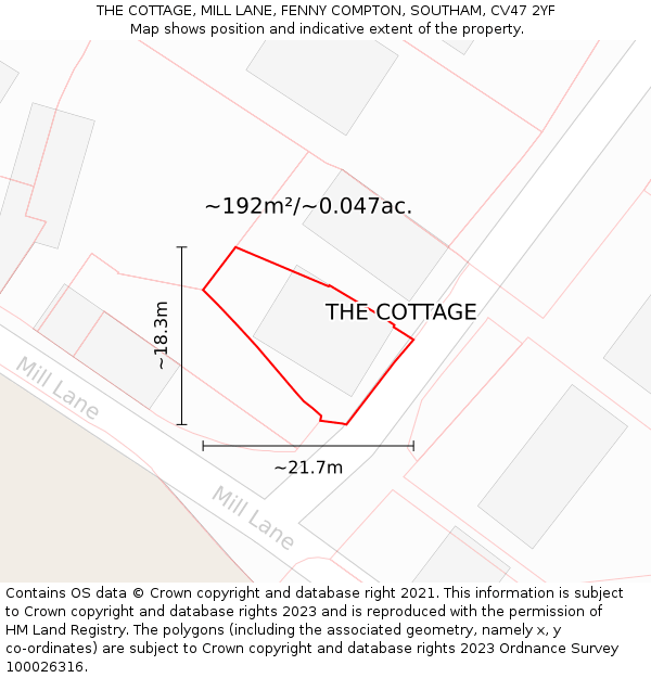 THE COTTAGE, MILL LANE, FENNY COMPTON, SOUTHAM, CV47 2YF: Plot and title map