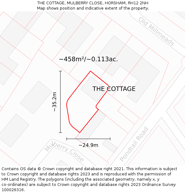 THE COTTAGE, MULBERRY CLOSE, HORSHAM, RH12 2NH: Plot and title map