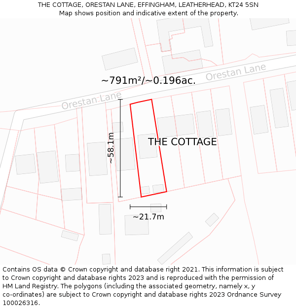 THE COTTAGE, ORESTAN LANE, EFFINGHAM, LEATHERHEAD, KT24 5SN: Plot and title map