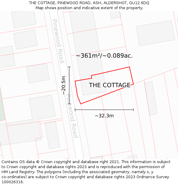 THE COTTAGE, PINEWOOD ROAD, ASH, ALDERSHOT, GU12 6DQ: Plot and title map