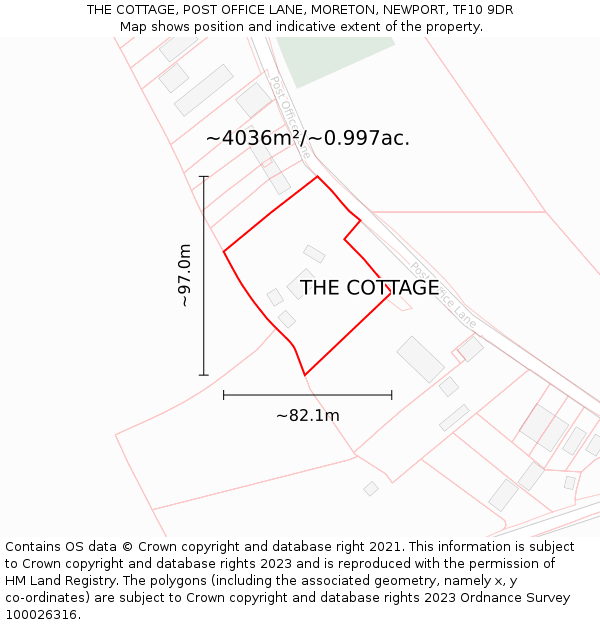 THE COTTAGE, POST OFFICE LANE, MORETON, NEWPORT, TF10 9DR: Plot and title map