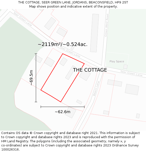 THE COTTAGE, SEER GREEN LANE, JORDANS, BEACONSFIELD, HP9 2ST: Plot and title map