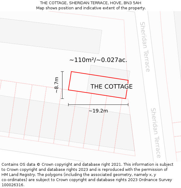 THE COTTAGE, SHERIDAN TERRACE, HOVE, BN3 5AH: Plot and title map