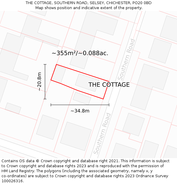 THE COTTAGE, SOUTHERN ROAD, SELSEY, CHICHESTER, PO20 0BD: Plot and title map
