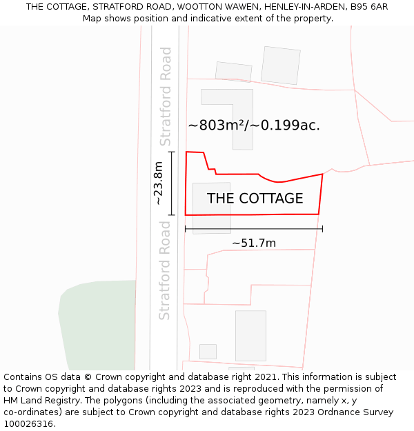 THE COTTAGE, STRATFORD ROAD, WOOTTON WAWEN, HENLEY-IN-ARDEN, B95 6AR: Plot and title map