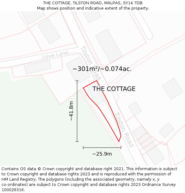 THE COTTAGE, TILSTON ROAD, MALPAS, SY14 7DB: Plot and title map