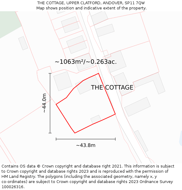 THE COTTAGE, UPPER CLATFORD, ANDOVER, SP11 7QW: Plot and title map