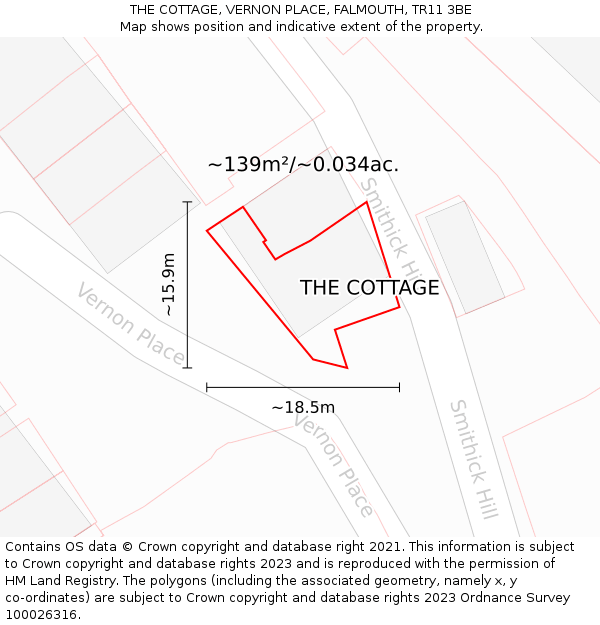 THE COTTAGE, VERNON PLACE, FALMOUTH, TR11 3BE: Plot and title map