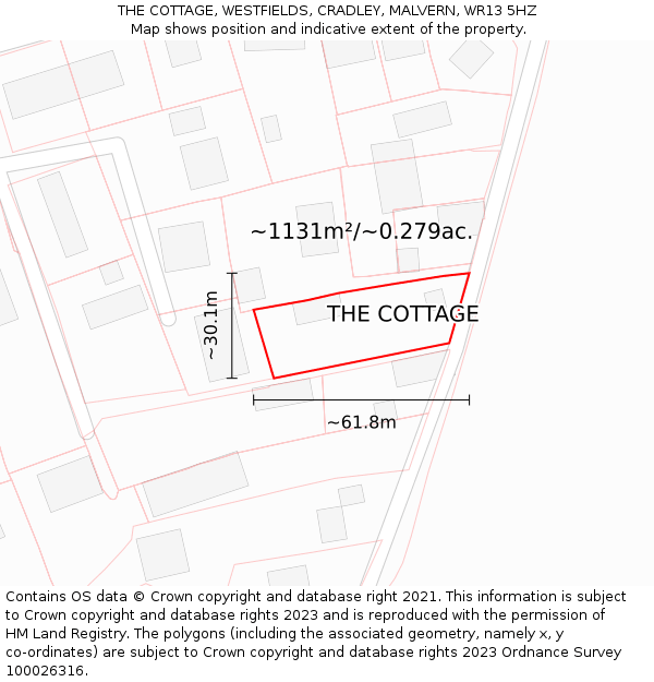 THE COTTAGE, WESTFIELDS, CRADLEY, MALVERN, WR13 5HZ: Plot and title map