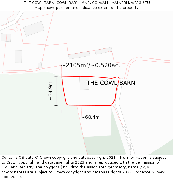 THE COWL BARN, COWL BARN LANE, COLWALL, MALVERN, WR13 6EU: Plot and title map