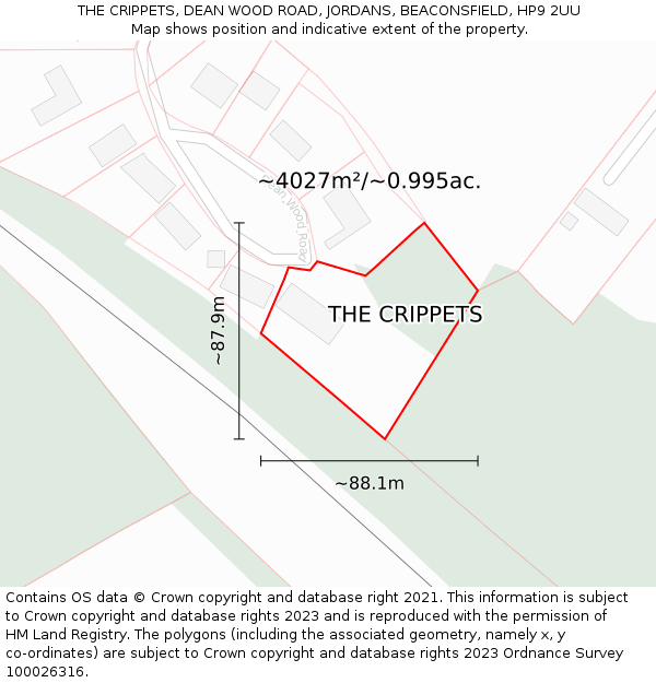 THE CRIPPETS, DEAN WOOD ROAD, JORDANS, BEACONSFIELD, HP9 2UU: Plot and title map