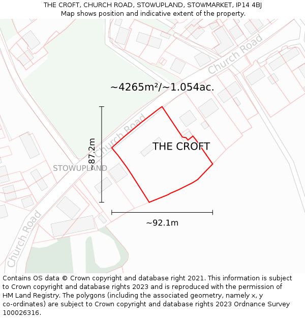 THE CROFT, CHURCH ROAD, STOWUPLAND, STOWMARKET, IP14 4BJ: Plot and title map