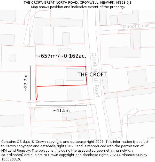 THE CROFT, GREAT NORTH ROAD, CROMWELL, NEWARK, NG23 6JE: Plot and title map