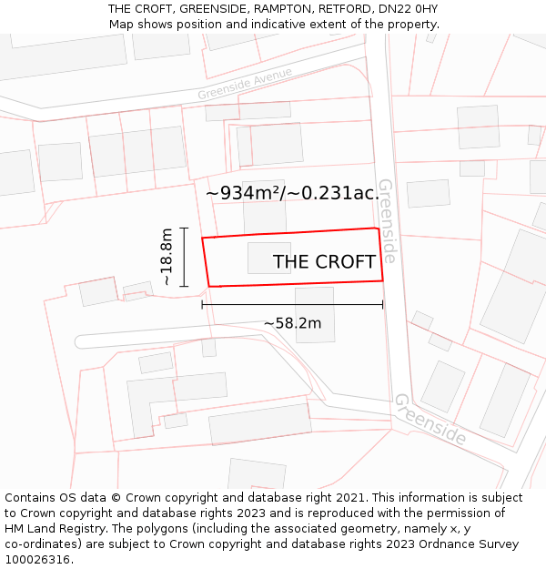 THE CROFT, GREENSIDE, RAMPTON, RETFORD, DN22 0HY: Plot and title map