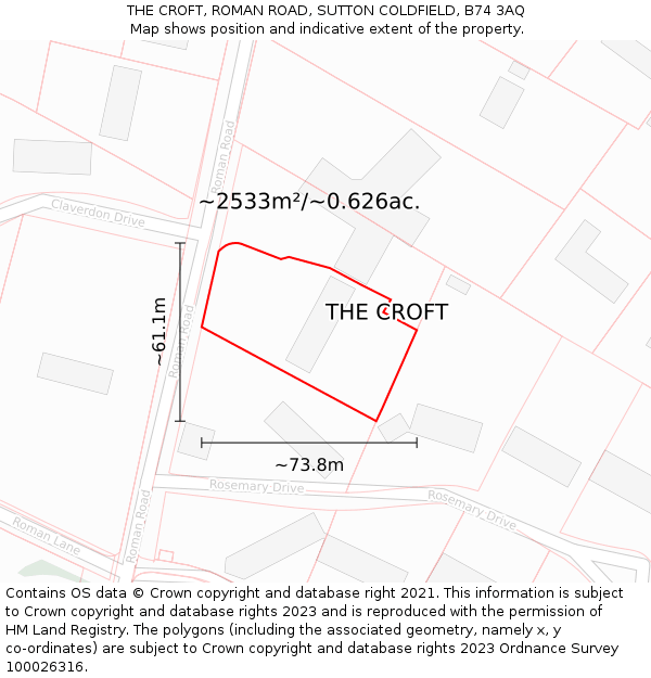 THE CROFT, ROMAN ROAD, SUTTON COLDFIELD, B74 3AQ: Plot and title map