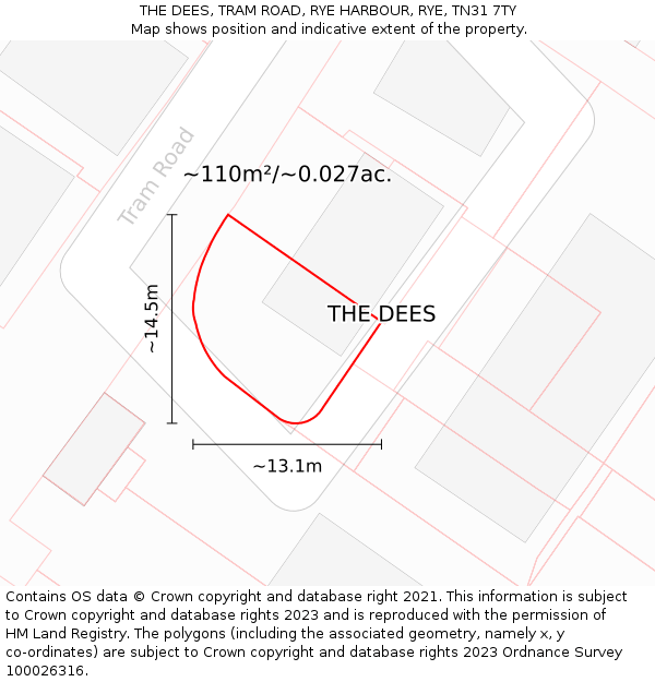 THE DEES, TRAM ROAD, RYE HARBOUR, RYE, TN31 7TY: Plot and title map