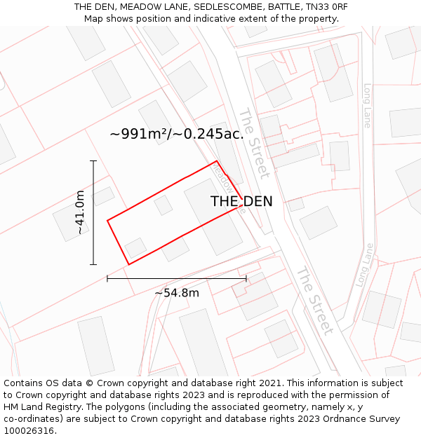 THE DEN, MEADOW LANE, SEDLESCOMBE, BATTLE, TN33 0RF: Plot and title map