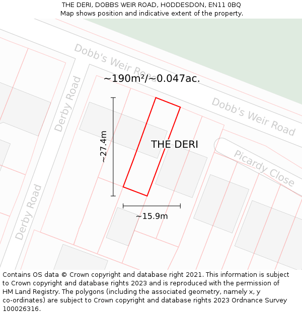 THE DERI, DOBBS WEIR ROAD, HODDESDON, EN11 0BQ: Plot and title map