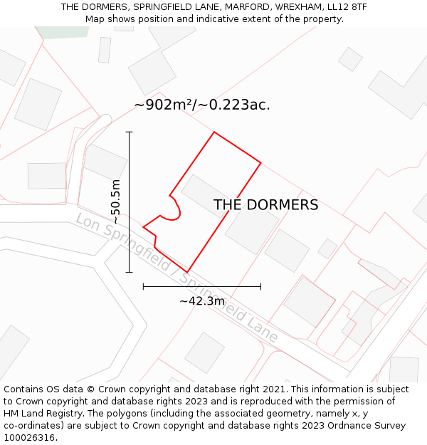 THE DORMERS, SPRINGFIELD LANE, MARFORD, WREXHAM, LL12 8TF: Plot and title map