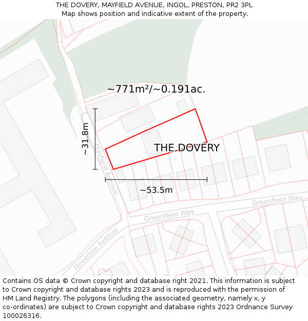 THE DOVERY, MAYFIELD AVENUE, INGOL, PRESTON, PR2 3PL: Plot and title map