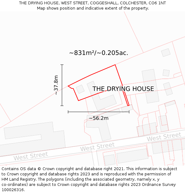 THE DRYING HOUSE, WEST STREET, COGGESHALL, COLCHESTER, CO6 1NT: Plot and title map