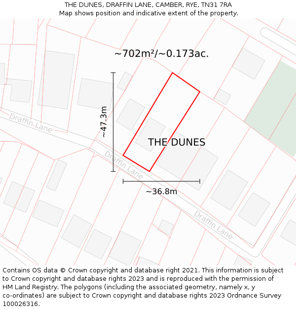 THE DUNES, DRAFFIN LANE, CAMBER, RYE, TN31 7RA: Plot and title map