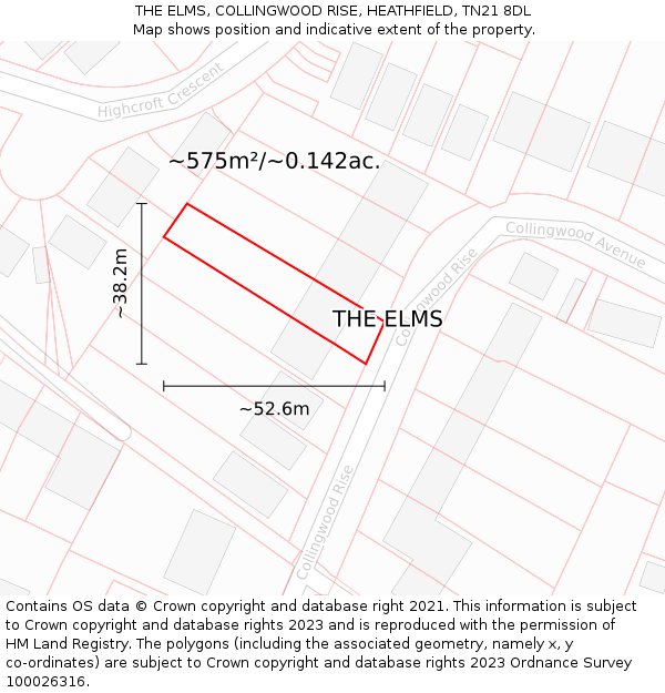 THE ELMS, COLLINGWOOD RISE, HEATHFIELD, TN21 8DL: Plot and title map