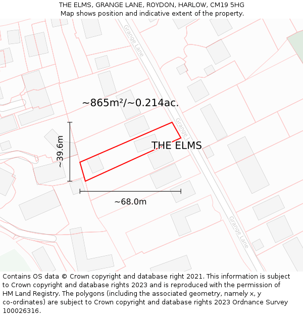 THE ELMS, GRANGE LANE, ROYDON, HARLOW, CM19 5HG: Plot and title map