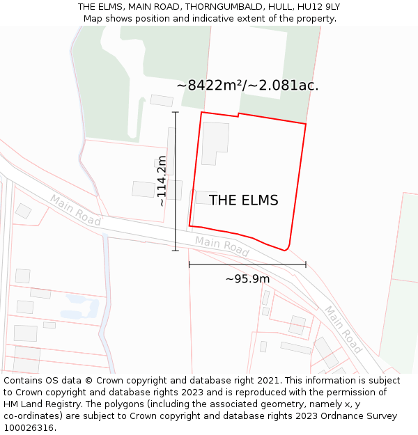 THE ELMS, MAIN ROAD, THORNGUMBALD, HULL, HU12 9LY: Plot and title map