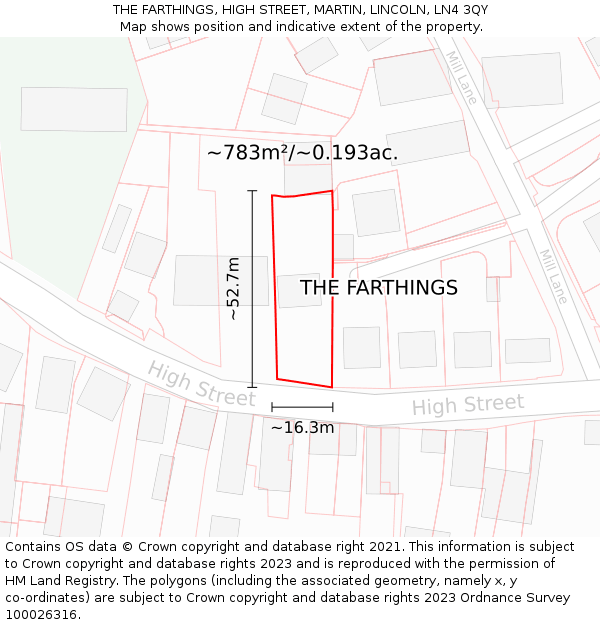 THE FARTHINGS, HIGH STREET, MARTIN, LINCOLN, LN4 3QY: Plot and title map