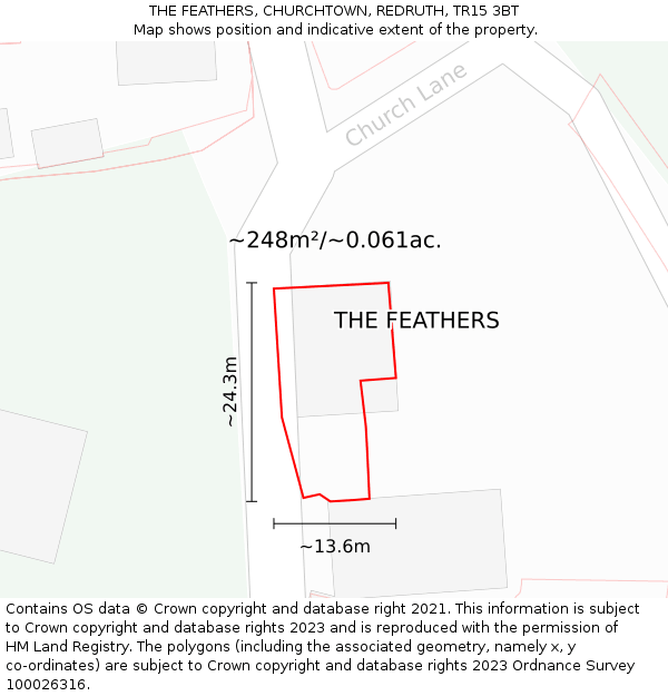 THE FEATHERS, CHURCHTOWN, REDRUTH, TR15 3BT: Plot and title map