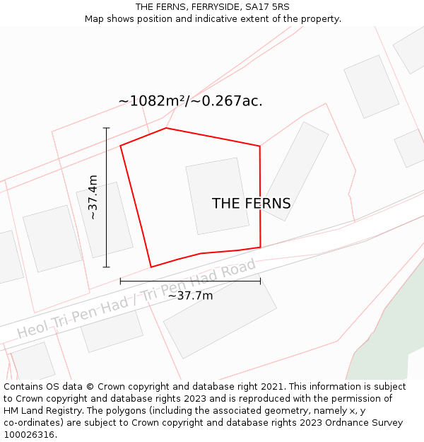 THE FERNS, FERRYSIDE, SA17 5RS: Plot and title map