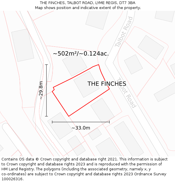 THE FINCHES, TALBOT ROAD, LYME REGIS, DT7 3BA: Plot and title map