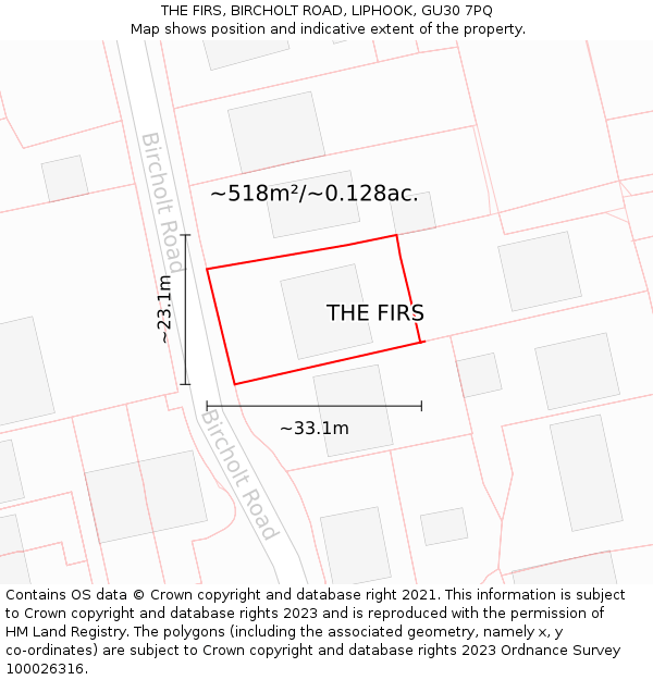 THE FIRS, BIRCHOLT ROAD, LIPHOOK, GU30 7PQ: Plot and title map