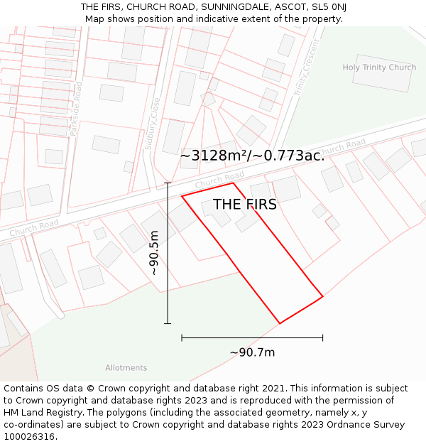 THE FIRS, CHURCH ROAD, SUNNINGDALE, ASCOT, SL5 0NJ: Plot and title map