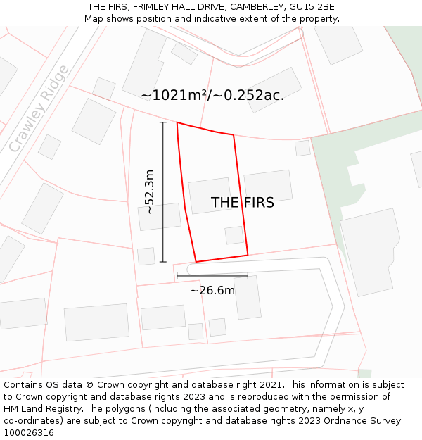 THE FIRS, FRIMLEY HALL DRIVE, CAMBERLEY, GU15 2BE: Plot and title map