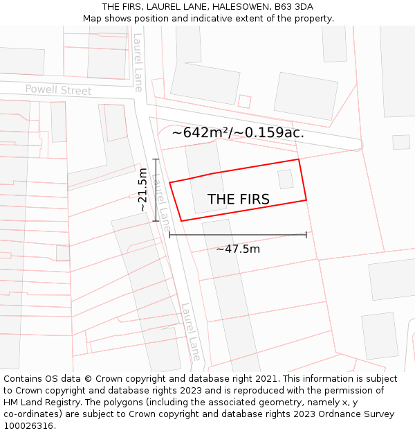 THE FIRS, LAUREL LANE, HALESOWEN, B63 3DA: Plot and title map