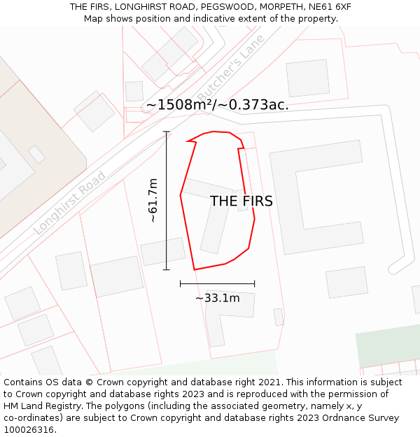 THE FIRS, LONGHIRST ROAD, PEGSWOOD, MORPETH, NE61 6XF: Plot and title map