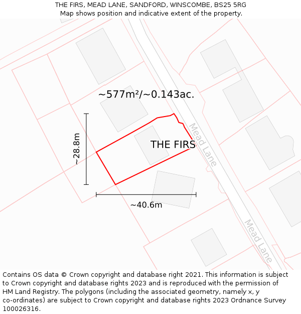 THE FIRS, MEAD LANE, SANDFORD, WINSCOMBE, BS25 5RG: Plot and title map