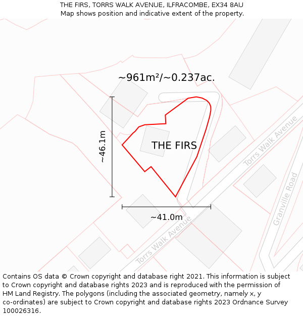 THE FIRS, TORRS WALK AVENUE, ILFRACOMBE, EX34 8AU: Plot and title map