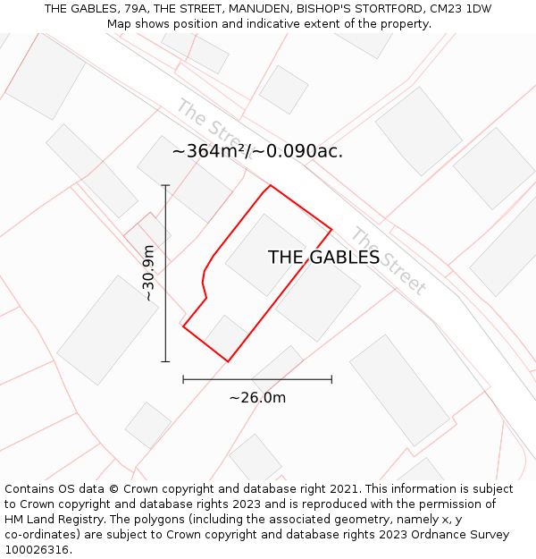 THE GABLES, 79A, THE STREET, MANUDEN, BISHOP'S STORTFORD, CM23 1DW: Plot and title map