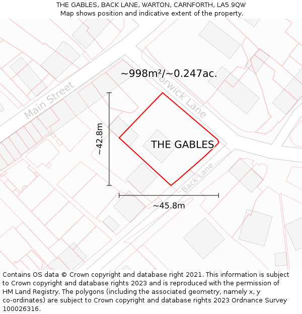 THE GABLES, BACK LANE, WARTON, CARNFORTH, LA5 9QW: Plot and title map