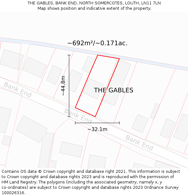 THE GABLES, BANK END, NORTH SOMERCOTES, LOUTH, LN11 7LN: Plot and title map