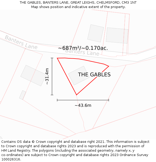 THE GABLES, BANTERS LANE, GREAT LEIGHS, CHELMSFORD, CM3 1NT: Plot and title map