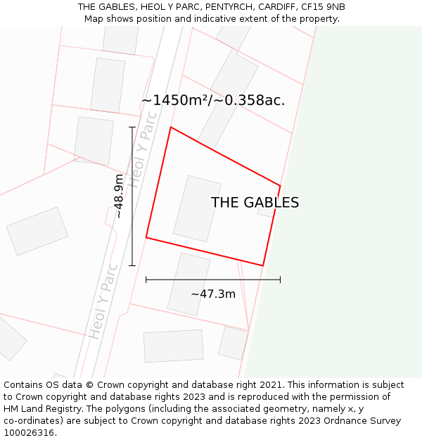 THE GABLES, HEOL Y PARC, PENTYRCH, CARDIFF, CF15 9NB: Plot and title map